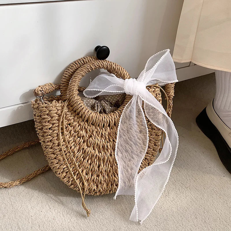 Hand-Woven Circular Straw Tote | Sophisticated Bohemian Rattan Purse | Elegant Floral-Accent Beach Bag | "Dignified" Soft Wicker Handbag for Versatile Summer Styling Luxegan