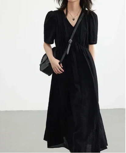 French Style Vintage V-Neck Puff Sleeve Maxi Dress | Solid Black Loose-Fit Summer Dress | Elegant Non-Stretch Ankle-Length Office Dress Luxegan