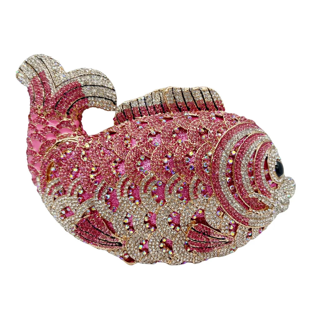 Women's Rhinestone Fish Evening Minaudiere Bag | Luxury Gold Stone Bridal Clutch Purse | Premium Metallic Hard Shell Wedding Handbag | Elegant Genuine Leather Lined Party Dinner Purse Model 01