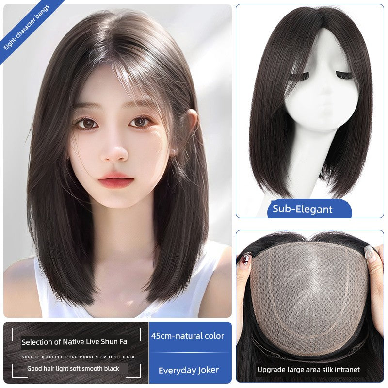 Natural Full-Head Human Hair Wig | Classy Collarbone Length Short Straight Wig with Oblique Bangs for Women (Sweet & Lovely, Elegant Style) Luxegan
