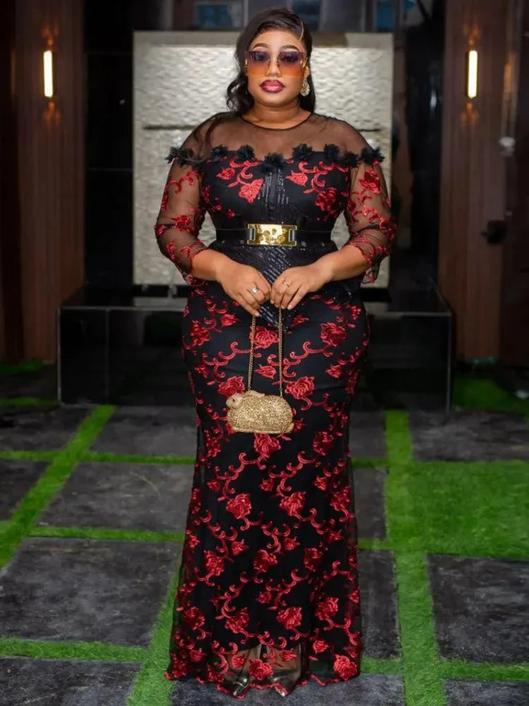 Dashiki African Maxi Dress | Elegant Sequin Party Evening Gown | Turkey African Luxury Birthday Prom Wedding Dress | Premium Embroidered Slim Fit Three-Quarter Sleeve Ankle-Length Robe Luxegan