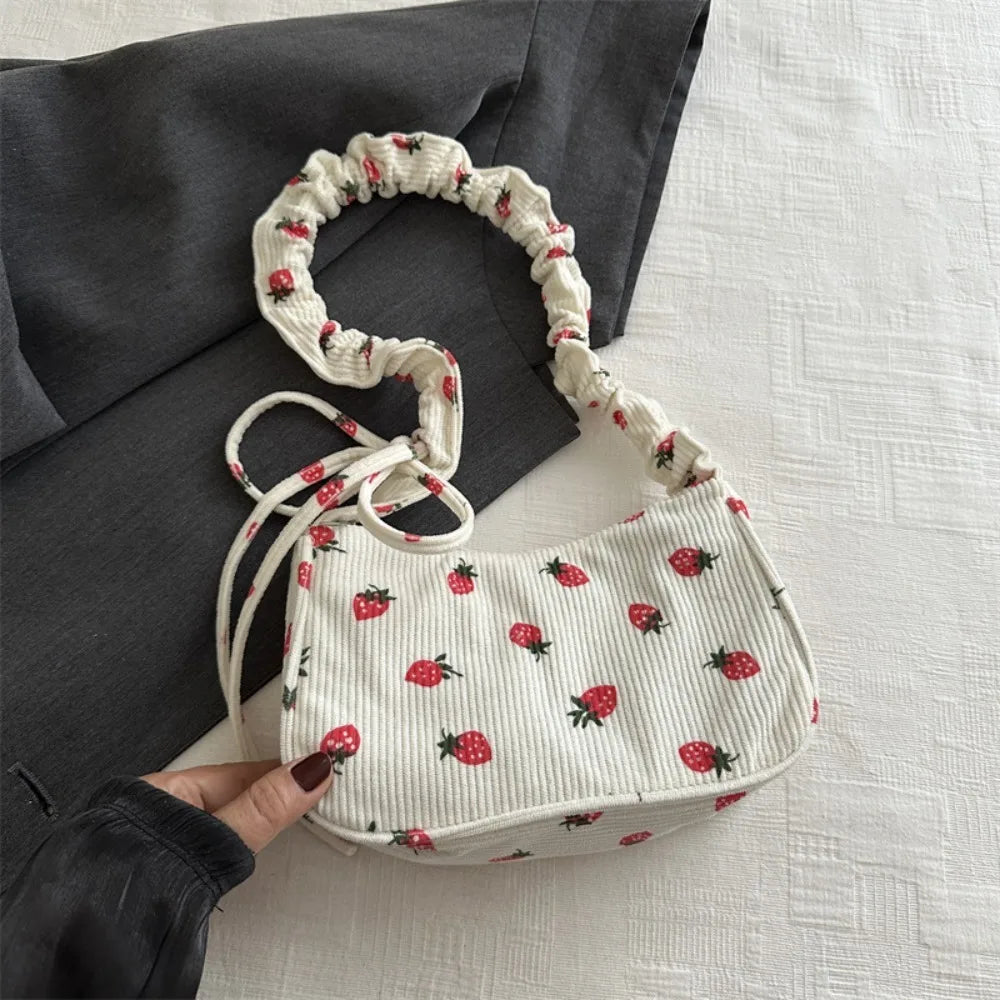 Corduroy Solid Casual Tote | Soft Y2K Strawberry Large Capacity Underarm Bag Luxegan