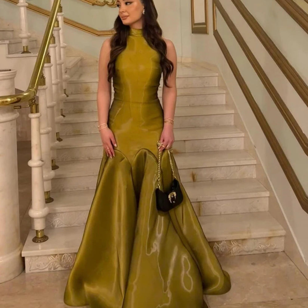 Arab High-Neck Satin Mermaid Prom Dress | Sleeveless Floor-Length Formal Evening Gown | Dubai Birthday Party Long Dress Luxegan