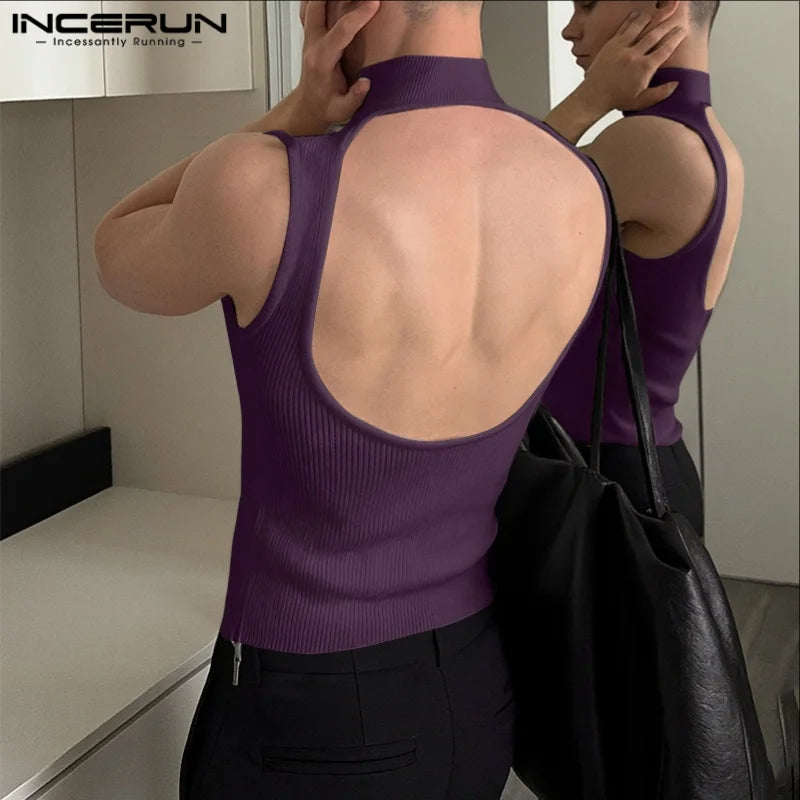 INCERUN Men Tank Tops Knitted Solid Color Turtleneck Sleeveless Male Vests Streetwear Hollow Out Backless Fashion Men Clothing