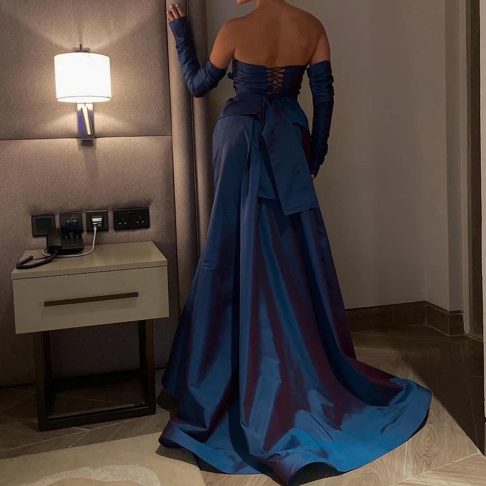 Crystal Draped Backless Mermaid Evening Gown | Strapless Full Sleeve Floor-Length Prom Dress Luxegan