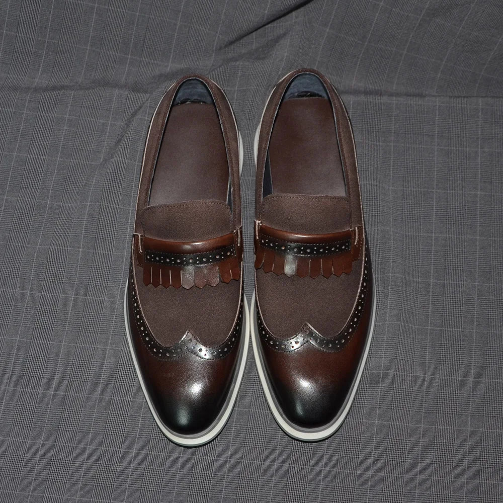 Many Colors Classy Men's Genuine Leather Tassel Loafers | Cow Suede Wingtip Brogue Casual Business Flats Luxegan