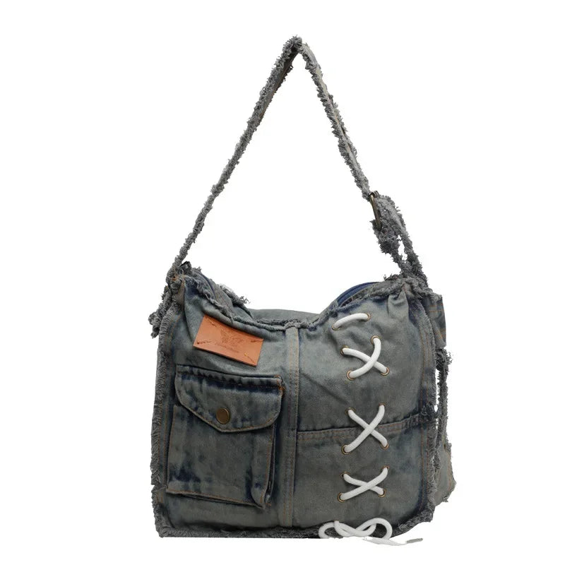 Washed Denim Shoulder Bag for Women Handbags | Large Capacity Female Messenger Bags | Soft Jeans Casual Big Totes Shopping Bag Luxegan