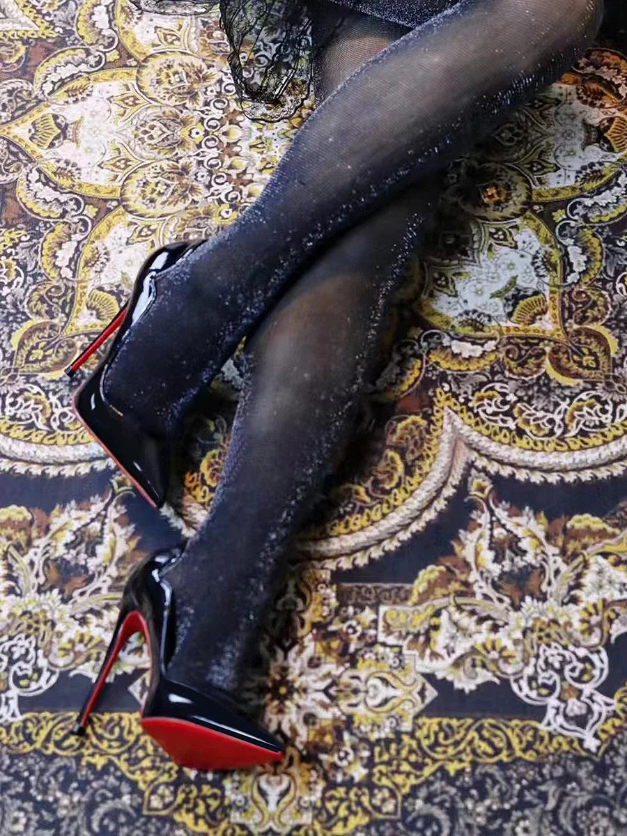 New Spring/Summer 12cm Ultra Shallow Stiletto | Sophisticated Black Red-Bottom High Heels | Elegant "Handmade Patent Leather" Silhouette | "Dignified" Sexy Pointed Single Shoes for Radiant Versatile Styling Luxegan