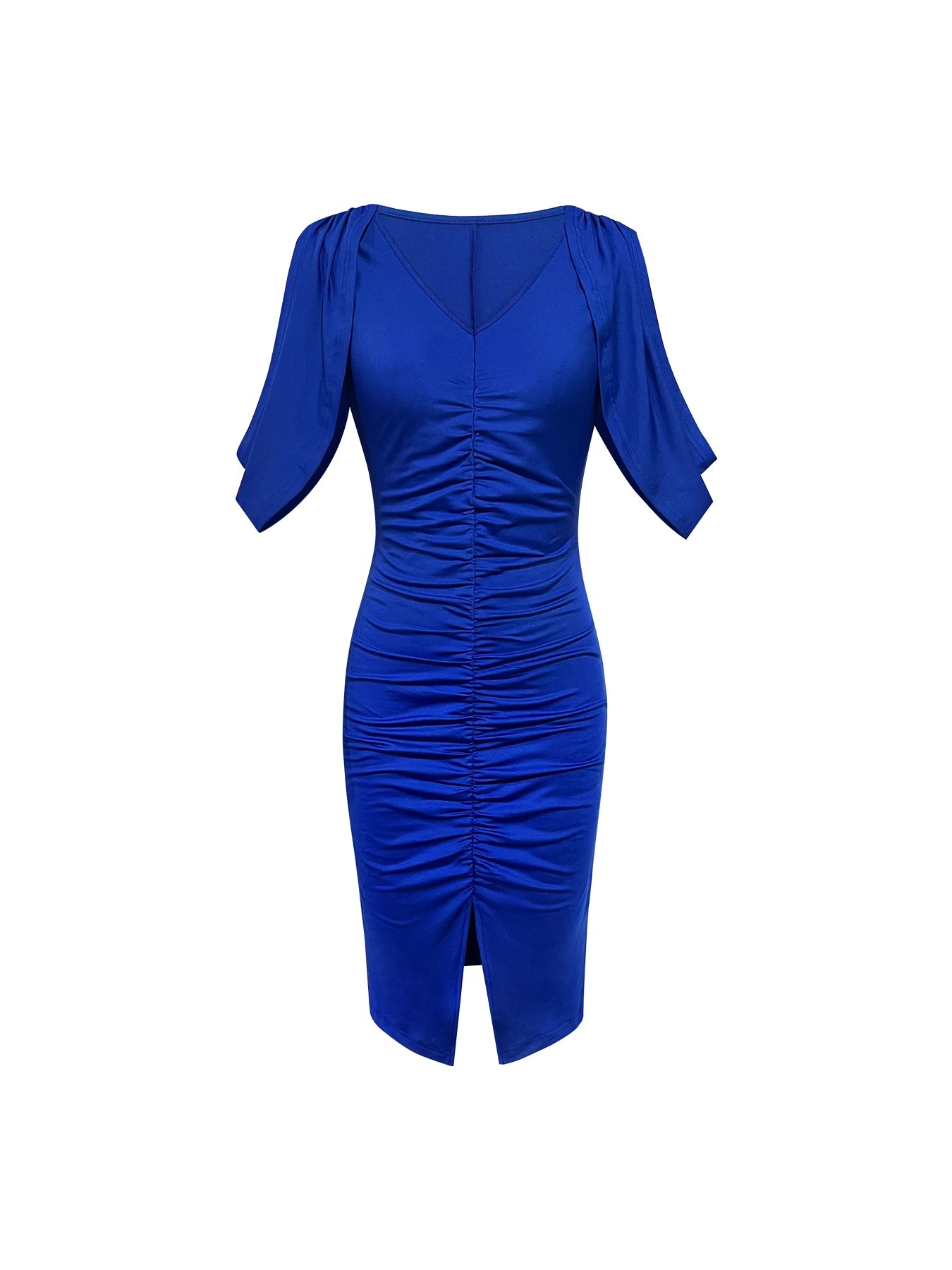 Women's Royal Blue Ruched Bodycon Midi Dress | Elegant Cape-Sleeve V-Neck Party Gown | Front Slit Spring Summer Formal Dress | Premium Knit Slight Stretch Slim Fit Mid-Calf Luxegan