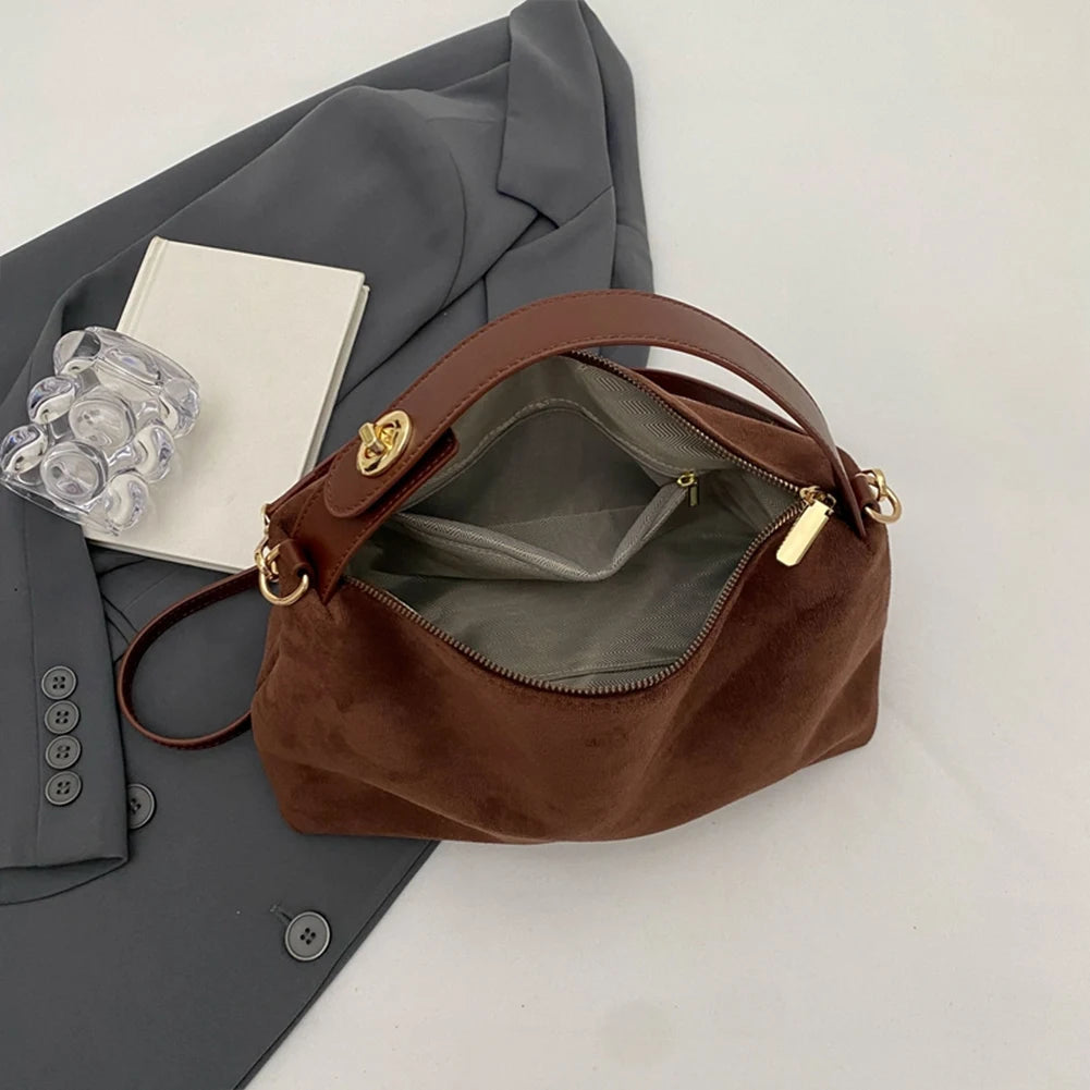Women’s Big Boston Tote Bag | Soft Matte Faux Suede Messenger Handbag | Trendy Autumn/Winter Shoulder & Crossbody Bag | Large Capacity Satchel in Grey and Brown Luxegan