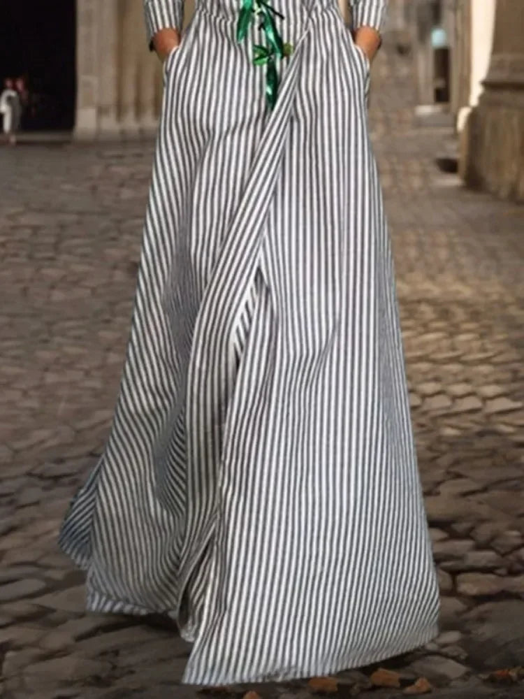 Striped High Waist Floor-Length Dress | Sophisticated V-Neck A-Line Silhouette | Elegant "High Street" Party Gown | "Dignified" Empire Waistline for Radiant Versatile Styling Luxegan