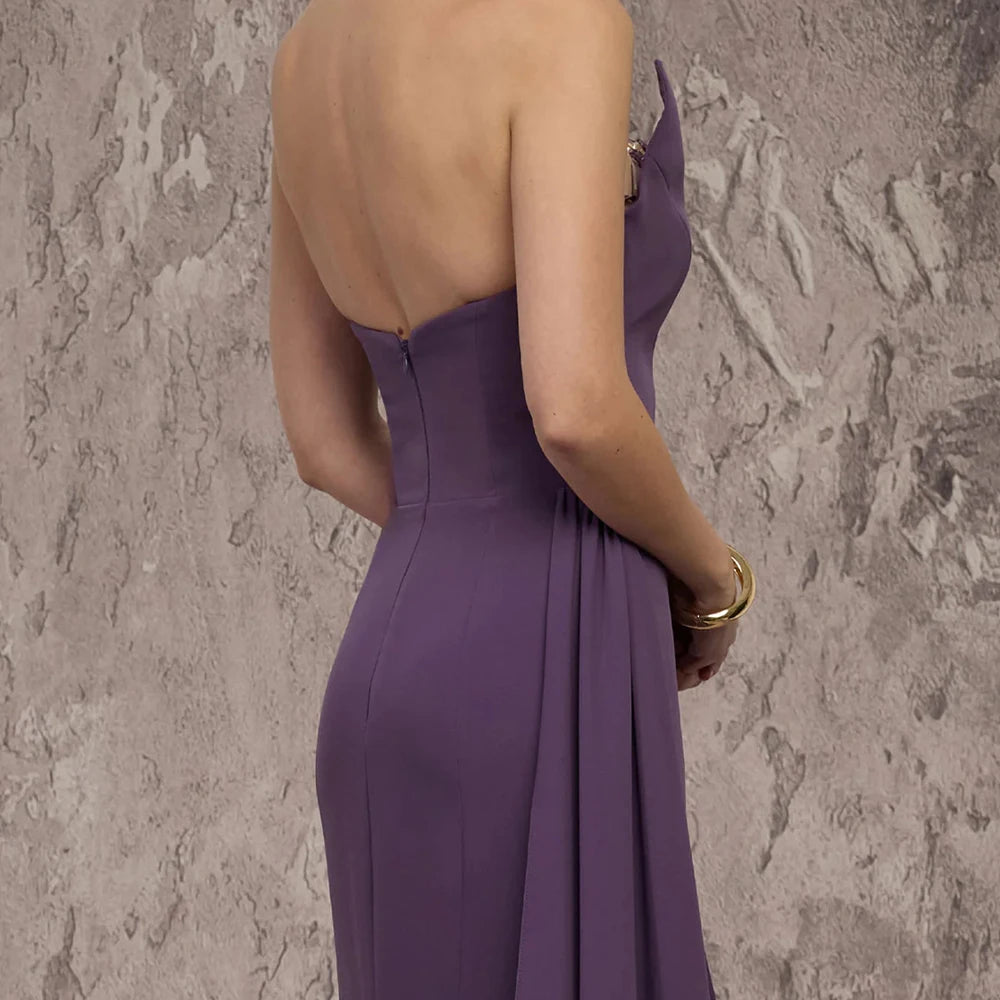 Crystal Draped Backless A-Line Evening Gown | Strapless Sleeveless Floor-Length Prom Dress Luxegan