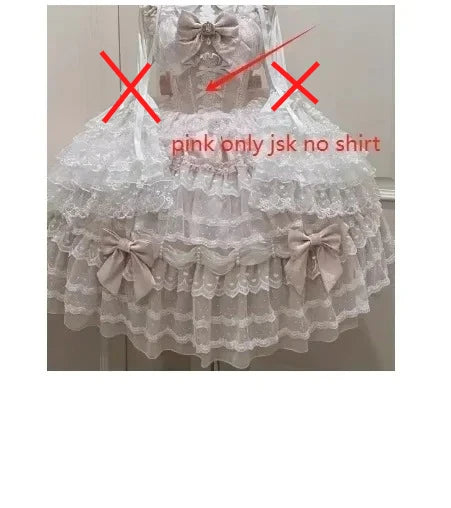 Sweet Lolita JSK Dress Set – Lace, Bow, Spaghetti Strap, Square Collar, A-Line