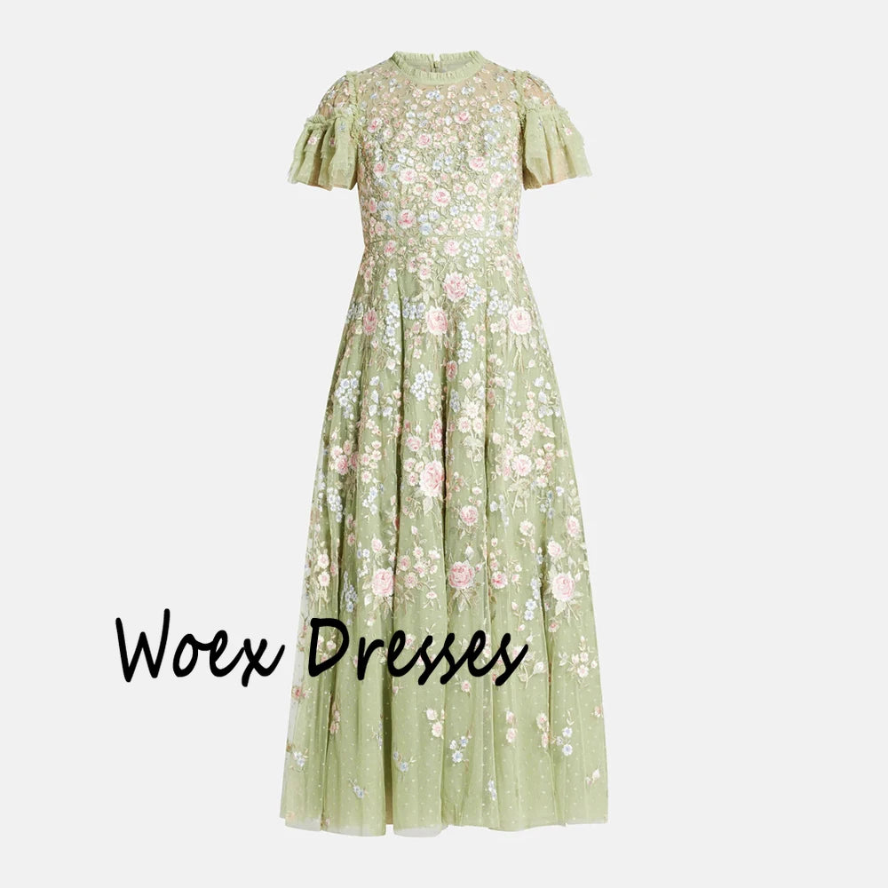 Customized O-neck Green Tulle Evening Dress Short Sleeves With Appliques Draped Party Dress A-line Ankle Length Prom Gown
