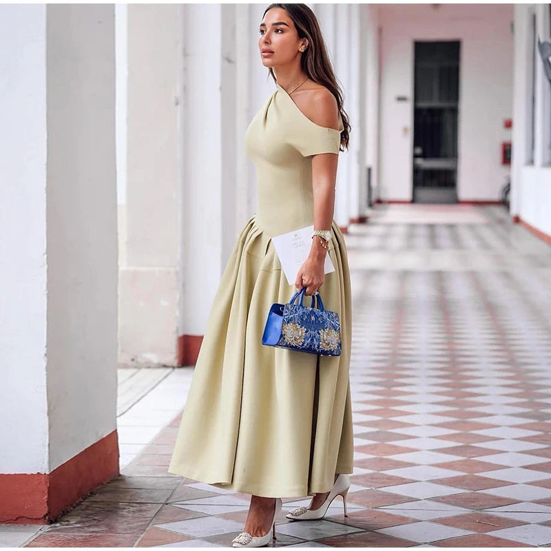 Women's Elegant Skew Collar Long Dress | Casual Summer Loose Fit Asymmetrical Midi Gown | Ruched Sleeveless Fit and Flare Robe | Premium Empire Waist Solid Dress Model Sexy Dress Women Luxegan