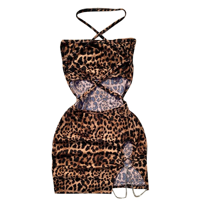 Elegant Leopard Print Mini Dress | Sexy Strapless Sleeveless Summer Holiday Gown | High-Street Hollow Bag Hip Clubwear Dress | Premium Medium Stretch Slim Fit Straight Silhouette Vestido Luxegan