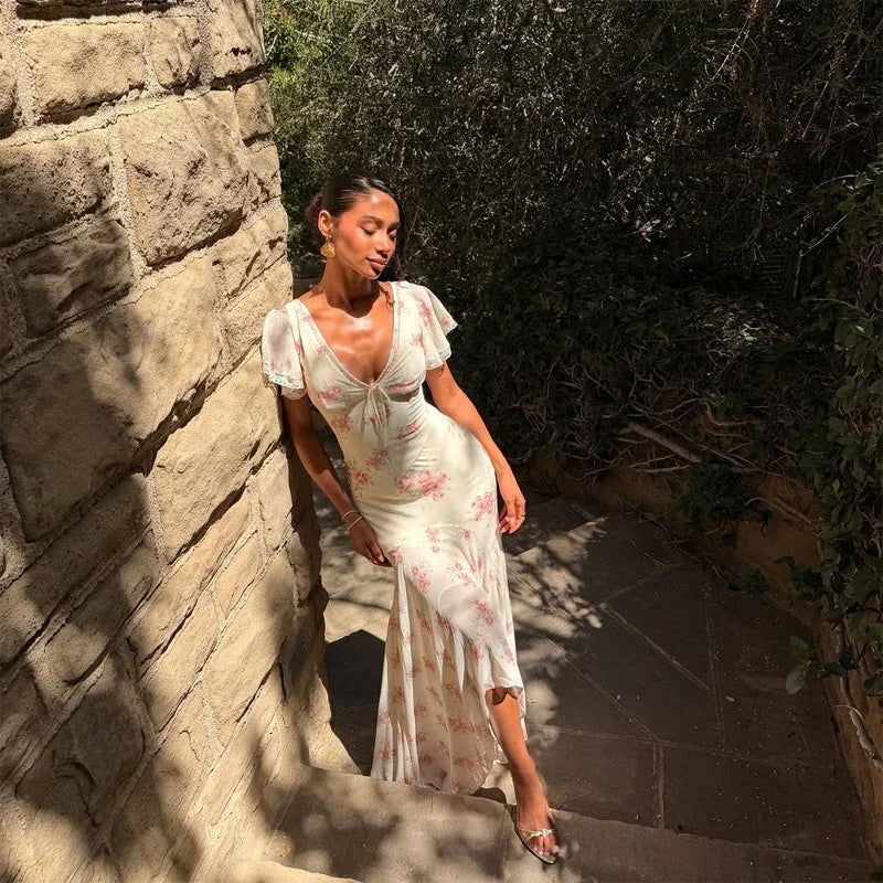 Flutter Sleeves Slim Long Dress Women Casual Pleated Deep V-neck Floral Print High Waist Dresses 2026 Lady Summer Holiday Wear