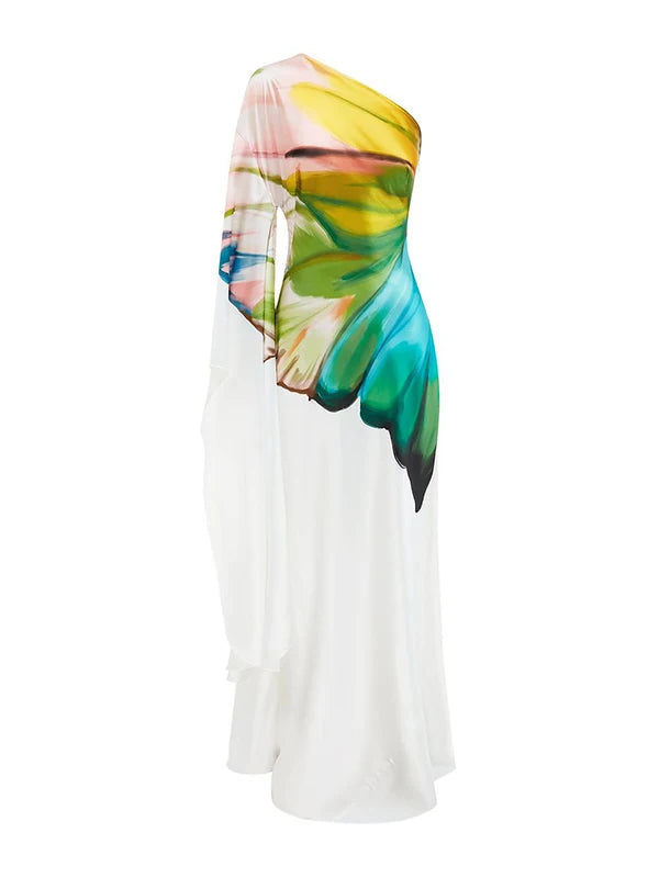Flower Printed Elegant Evening Dress | Sophisticated One-Shoulder Maxi Silhouette | Elegant "Ankle-Length" High Waist Gown | "Dignified" Asymmetrical Pleated Design for Radiant Versatile Styling Luxegan