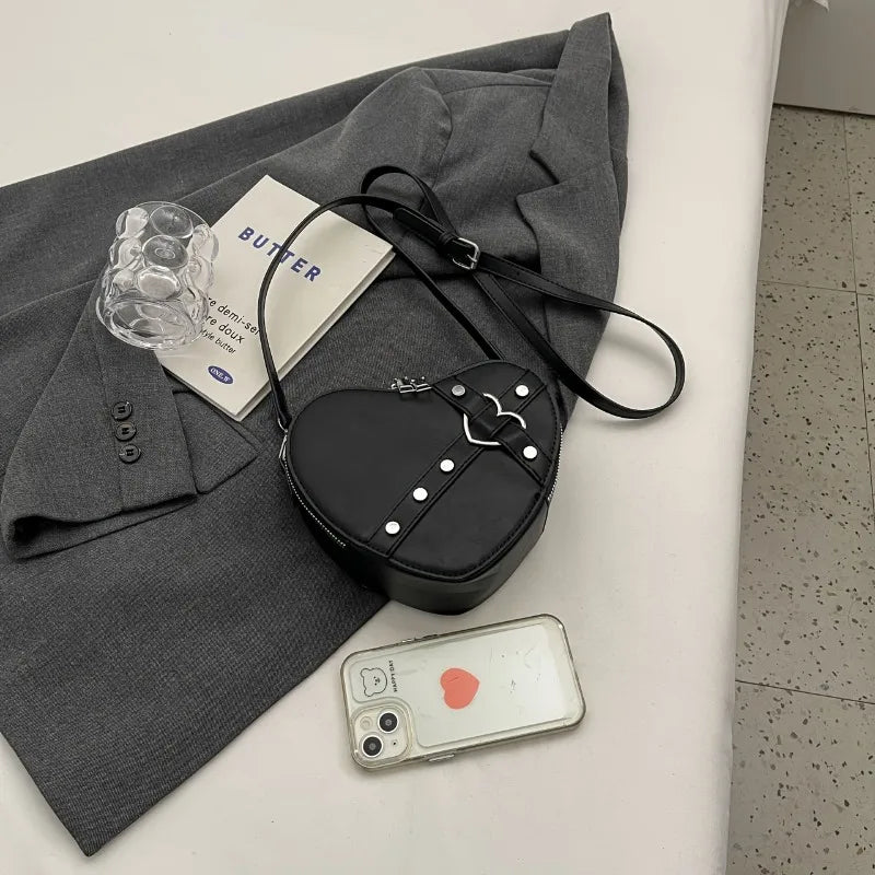 Love Heart Solid Color Zipper Crossbody Bag | Punk Rivet Style PU Leather Wallet Handbag for Women Luxegan