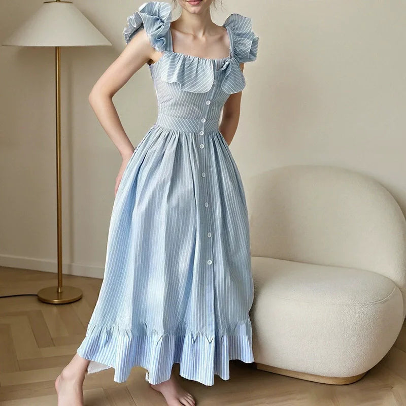 Women's Elegant Striped Long Dress | Casual Flying Sleeves Summer Vacation Gown | Single-Breasted A-Line Holiday Maxi Robe | Premium High-Waist Slash Neck Vestido Model 19 Luxegan