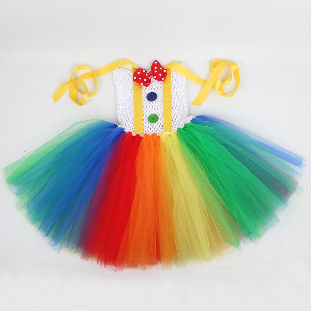 Funny Circus Clown Tutu Dress for Girls | Naughty Joker Cosplay Costume | Rainbow Patchwork Hand-Woven Carnival Party Ball Gown for Kids Luxegan
