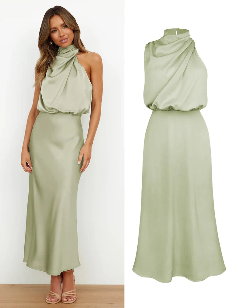 Women's Summer High-End Silk Satin Long Dress | Elegant Celebrity Evening Gown | Luxury Scarf Collar Sleeveless Party Dress | Premium Knit Asymmetrical Slip Maxi Robe Luxegan