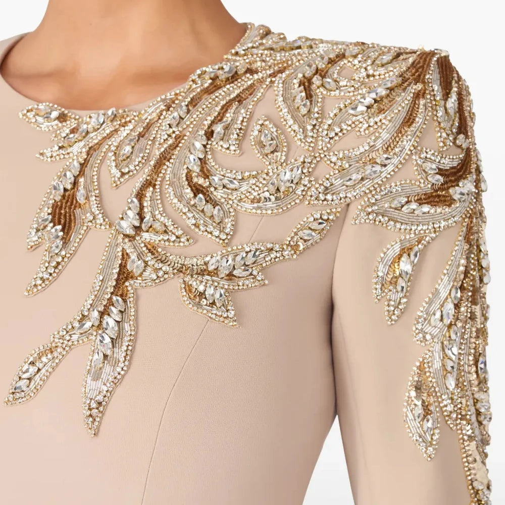 Crystal Beading A-Line Prom Gown | O-Neck Full Sleeve Floor-Length Evening Dress Luxegan