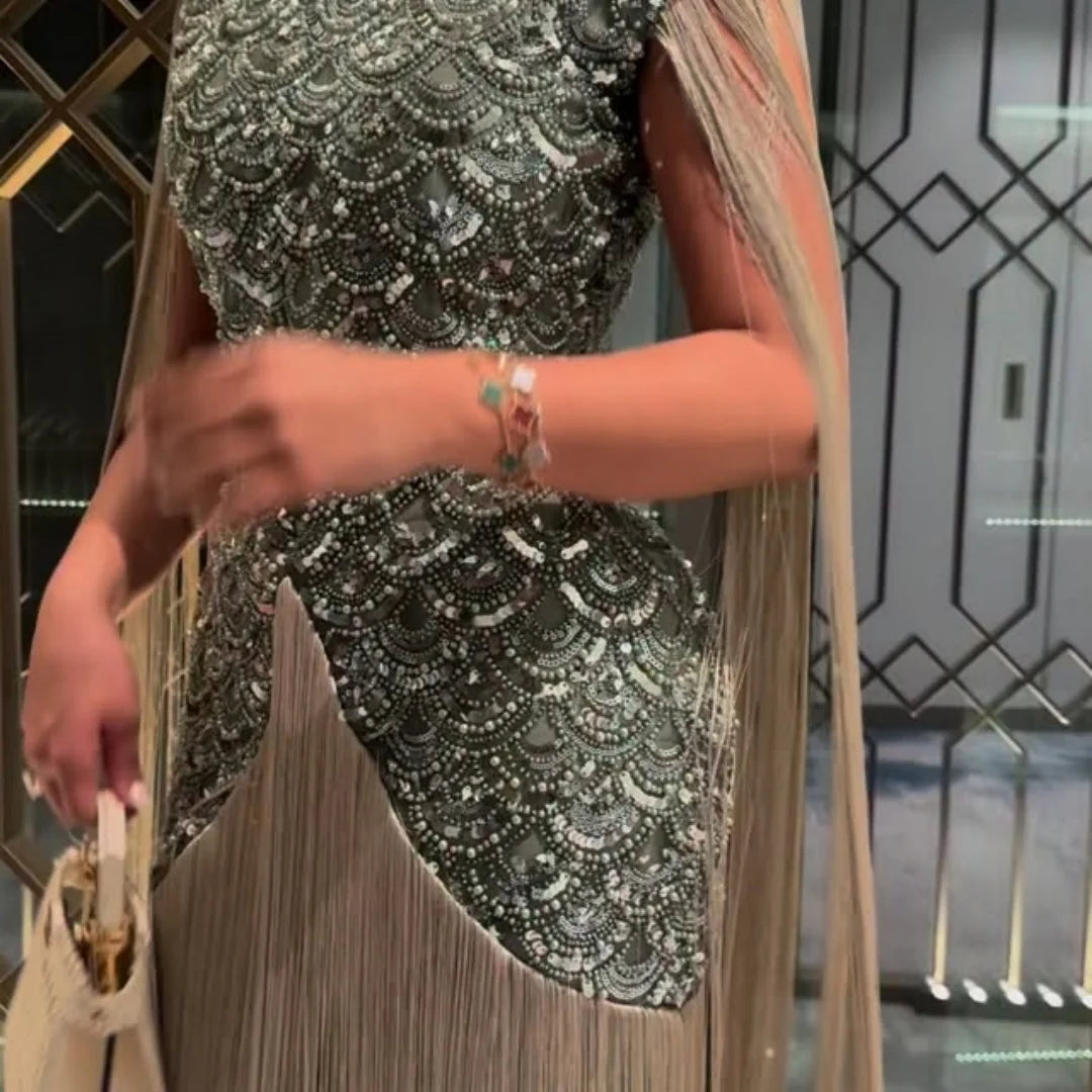 Women's Sage Green High Neck Prom Dress | Sequin Embellished Cap Sleeve Evening Gown | Glamorous Fringed Overlay Cocktail Dress | Premium Silk Knee-Length A-Line Formal Dress Luxegan