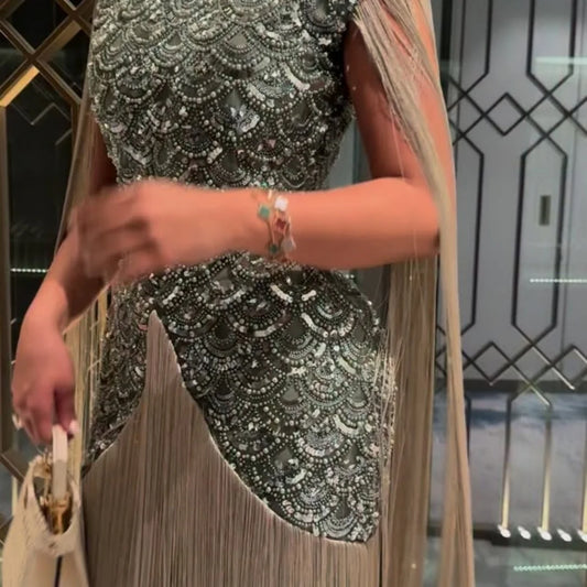 Women's Sage Green High Neck Prom Dress | Sequin Embellished Cap Sleeve Evening Gown | Glamorous Fringed Overlay Cocktail Dress | Premium Silk Knee-Length A-Line Formal Dress Luxegan