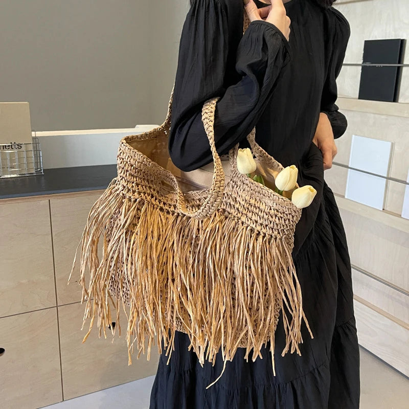 Bohemian Tassel Woven Bag | Handmade Straw Tote & Shopper Luxegan