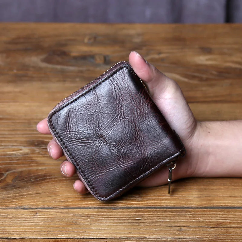 Original Retro Cowhide Coin Purse | Genuine Leather Zipper Wallet Luxegan