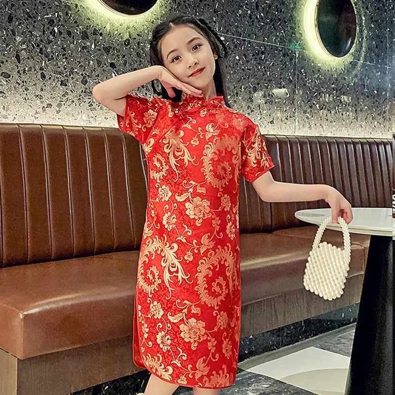 Modern Cheongsam Dress for Girls | Summer Casual Chinese Style Qipao Costume | Short-Sleeve Knee-Length Straight Silhouette Dress for Kids Luxegan