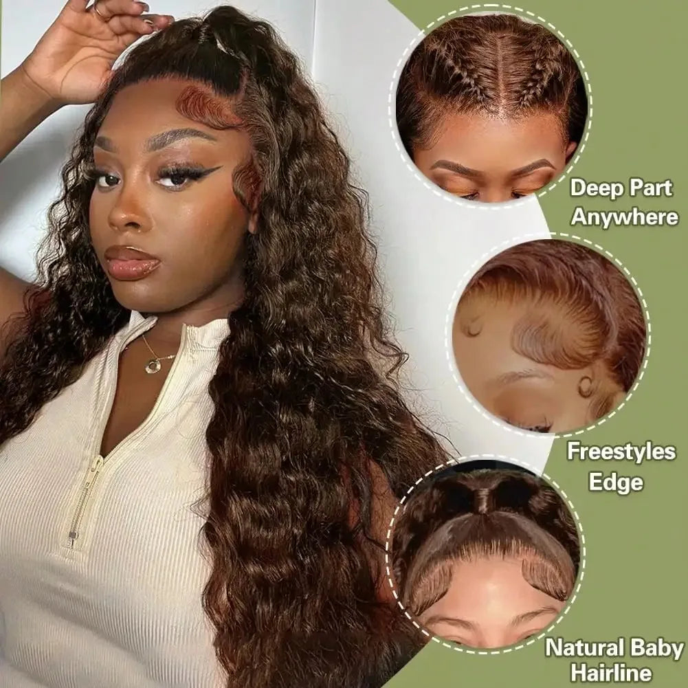 24-Inch Deep Curly Chocolate Brown HD Lace Wig | Sophisticated 13x6 & 13x4 Transparent Frontal | Elegant "Brazilian Remy" 4# Colored Silhouette | "Dignified" Water Wave Human Hair for Radiant Versatile Styling Luxegan