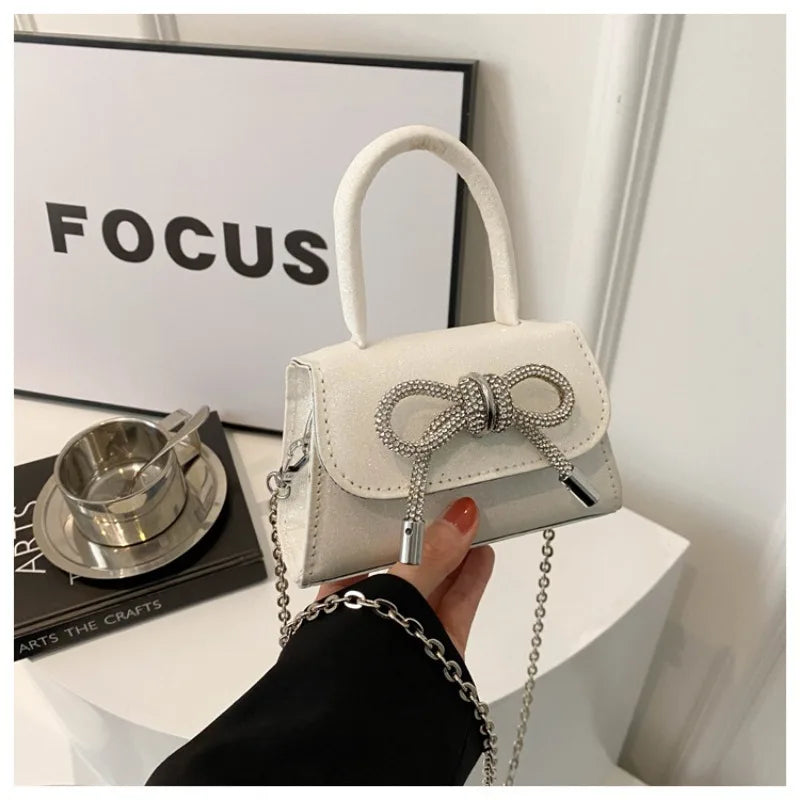 Glitter Small Square Handbag | PU Leather Bow Design Shoulder Bag
