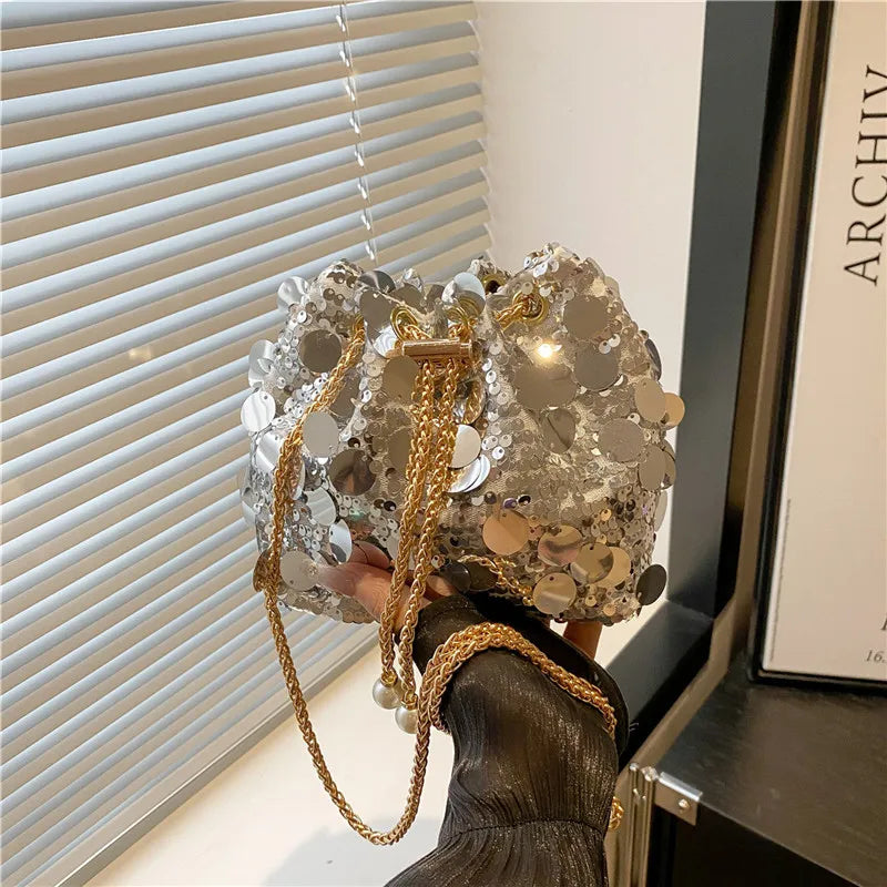 Sequin Chain Women's Portable Bucket Shoulder Bags | Retro Ladies Dinner Party Clutch Purse Luxury Design Female Crossbody Bag Luxegan