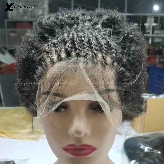 HD Full Lace Braided Wigs with Afro Kinky Curly Braided Full Lace Human Hair Wigs Knotless Box Braiding Hair Wig for Black Women Luxegan