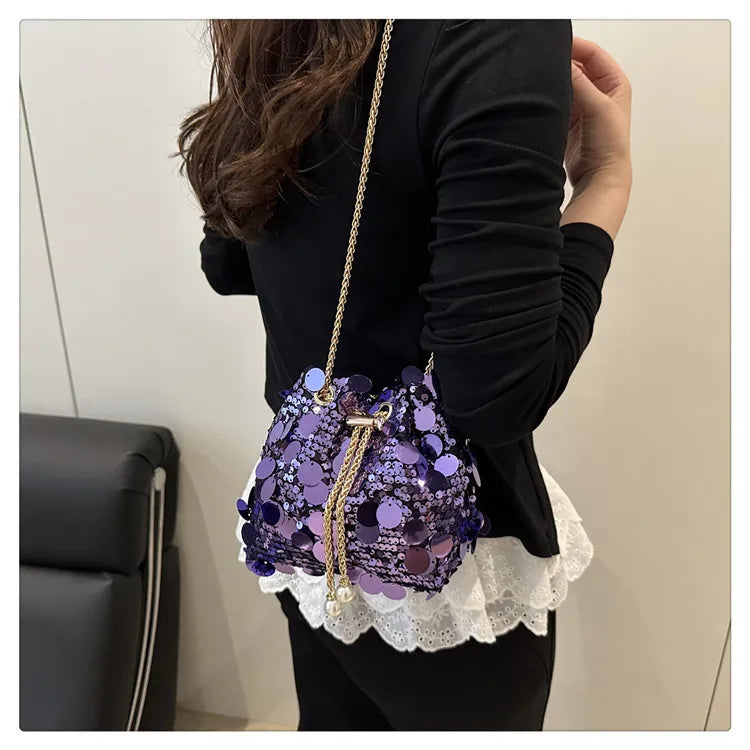 Sequin Chain Women's Portable Bucket Shoulder Bags | Retro Ladies Dinner Party Clutch Purse Luxury Design Female Crossbody Bag Luxegan