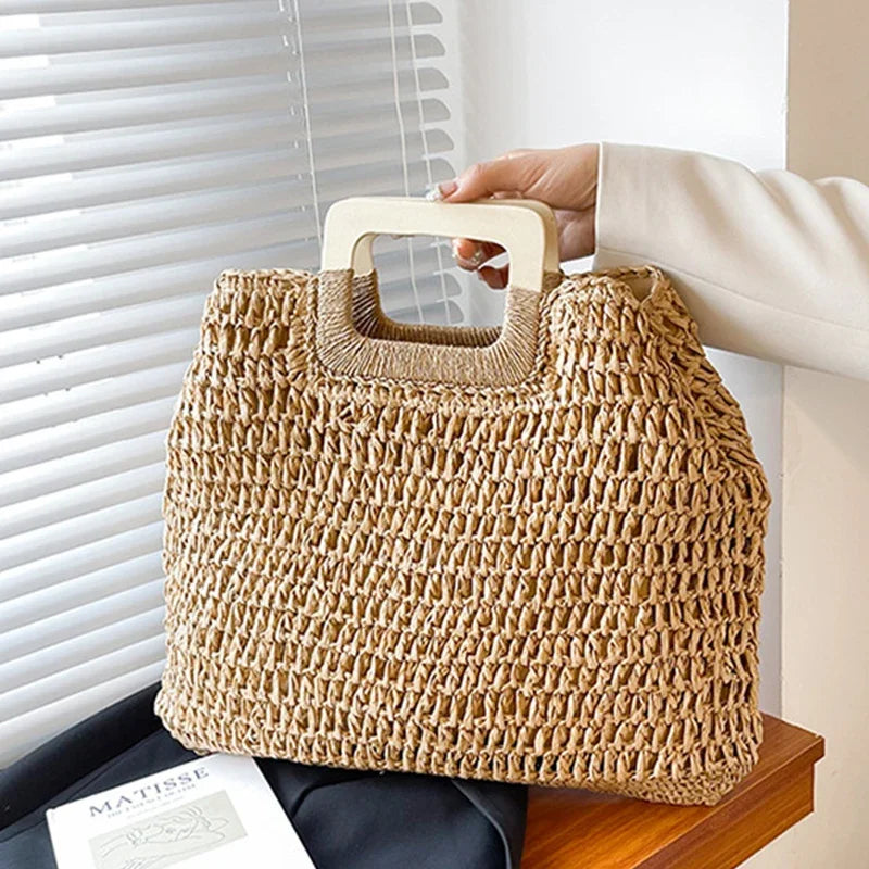 Summer Woven Straw Handbag | Wooden Handle Bag & Large Capacity Beach Tote Luxegan