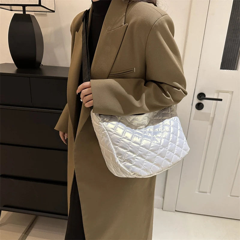 Fashion Nylon Padded Handbags Female | Large Capacity Top-Handle Bags & Solid Color Crossbody Bags (Winter Down Women Shoulder Bags) Luxegan