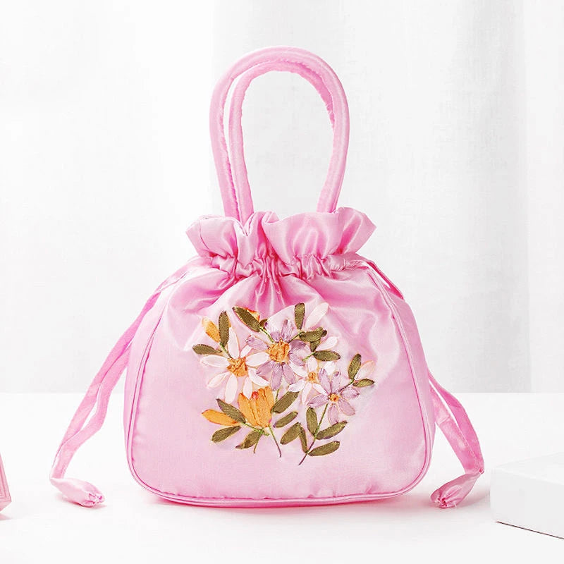 Bolsos Retro Bordados con Cordón Bolsas de Almacenamiento Carteras Monederos Tarjeteros Bolsos de Hombro Tipo Cubo Bolsos de Muñeca