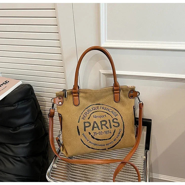 Large Women Stylish Crossbody Bag | Retro Canvas Tote Bag & Vintage Paris Stamp Print Luxegan