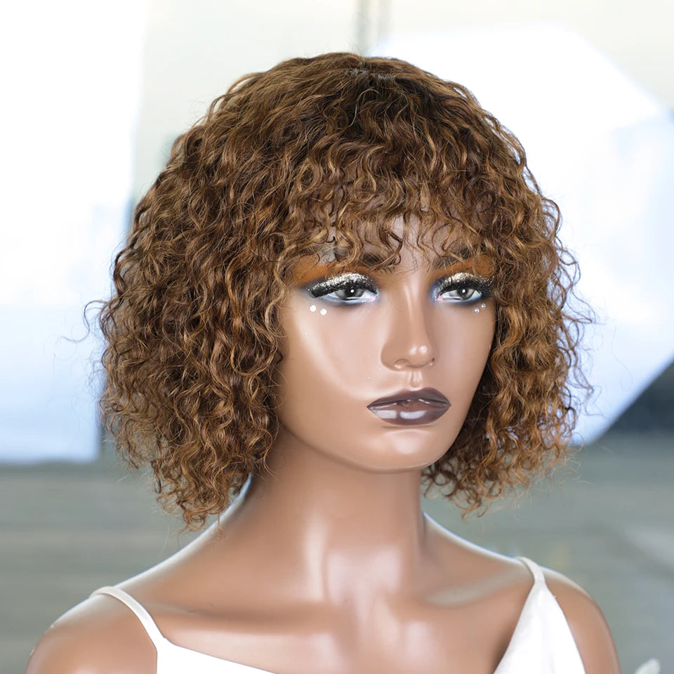 150% Density Ombre Honey Blonde Curly Bob Wig | Glueless Human Hair with Bangs Luxegan