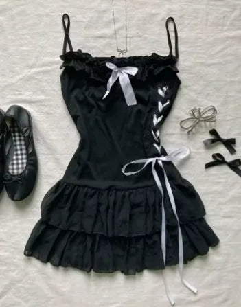 Solid Lace Bow Mini Dress | Sweet Casual Y2K Streetwear Top | Sexy Rock Aesthetic Retro Punk Harajuku Hop Clothing | Premium Knit Slim Fit Knee-Length Sheath Luxegan