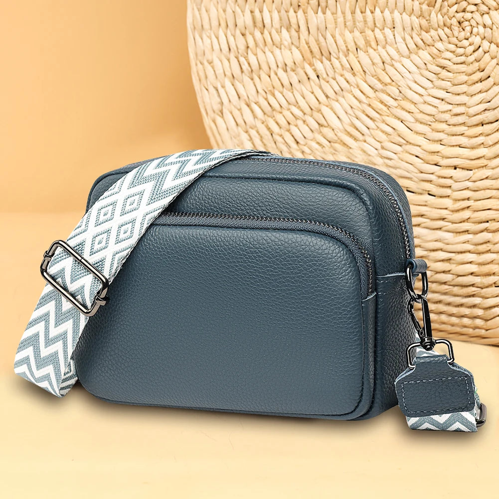 Genuine Leather Wide Strap Shoulder Bag | Solid Color Crossbody & Phone Bag Luxegan