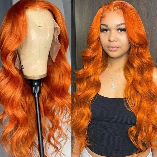 Ginger Orange Body Wave HD Lace Frontal Wig | 100% Brazilian Human Hair Glueless Wig | 30-40 Inch High-Density Pre-Plucked Transparent Swiss Lace Frontal Wig Luxegan