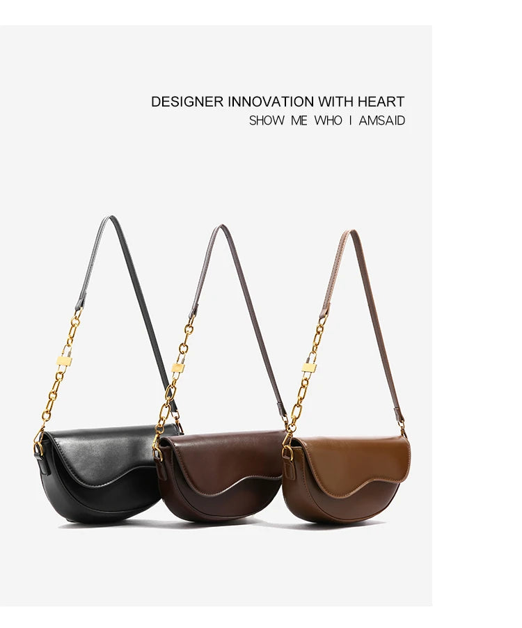 Small Leather Saddle Bag | Vintage Underarm Handbag & Chain Crossbody Purse Luxegan