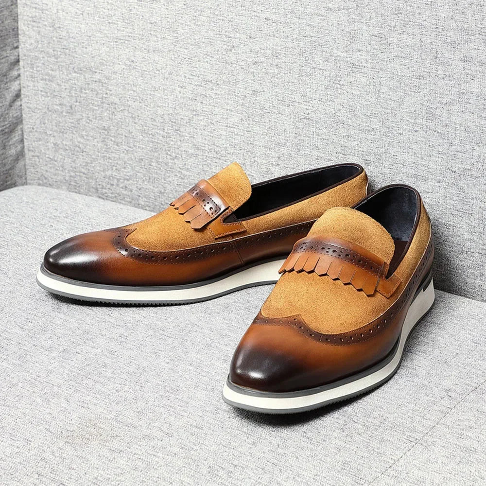 Many Colors Classy Men's Genuine Leather Tassel Loafers | Cow Suede Wingtip Brogue Casual Business Flats Luxegan