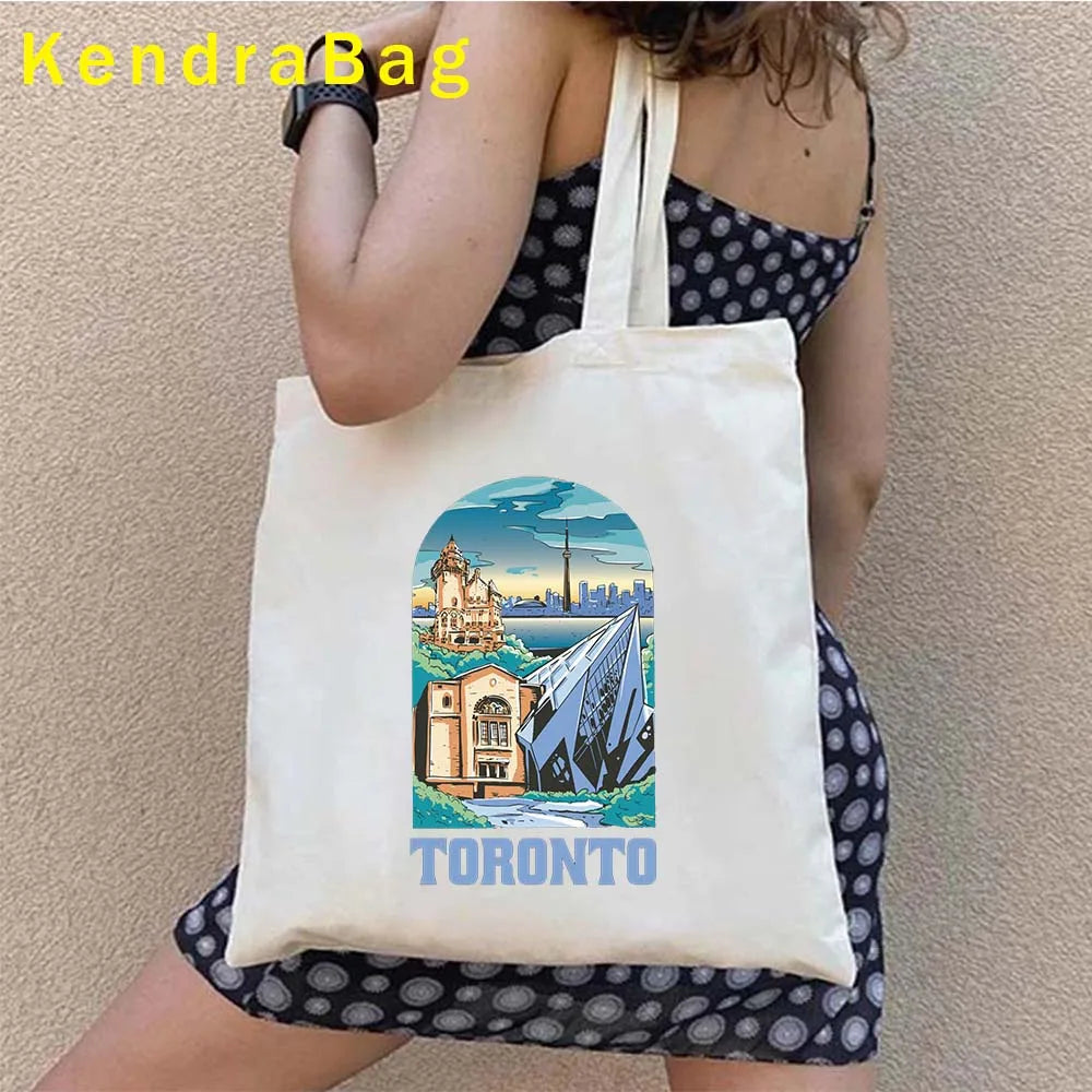 Canadian City Landscape Cotton Canvas Tote Bag | Happy Canada Day Tourist Gift | Reusable Eco-Friendly Shoulder Handbag (Women) Luxegan