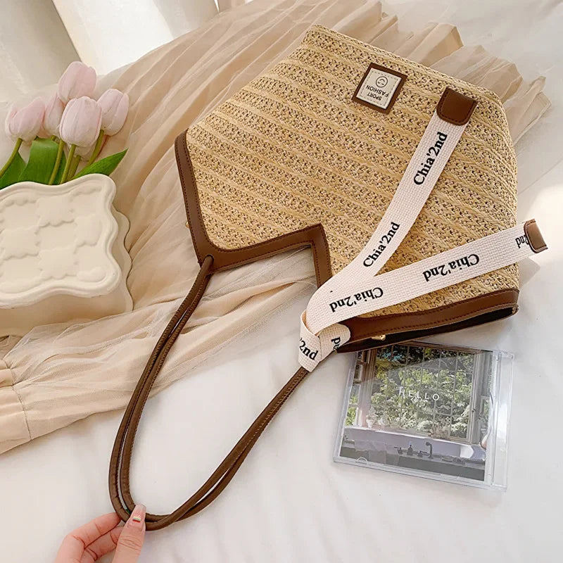 Vintage Handmade Woven Straw Beach Bag | Sophisticated Raffia Circle Rattan Shoulder Bag | Bohemian Summer Vacation Handbag | Fashion-Forward TPU & Polyester Casual Tote Luxegan