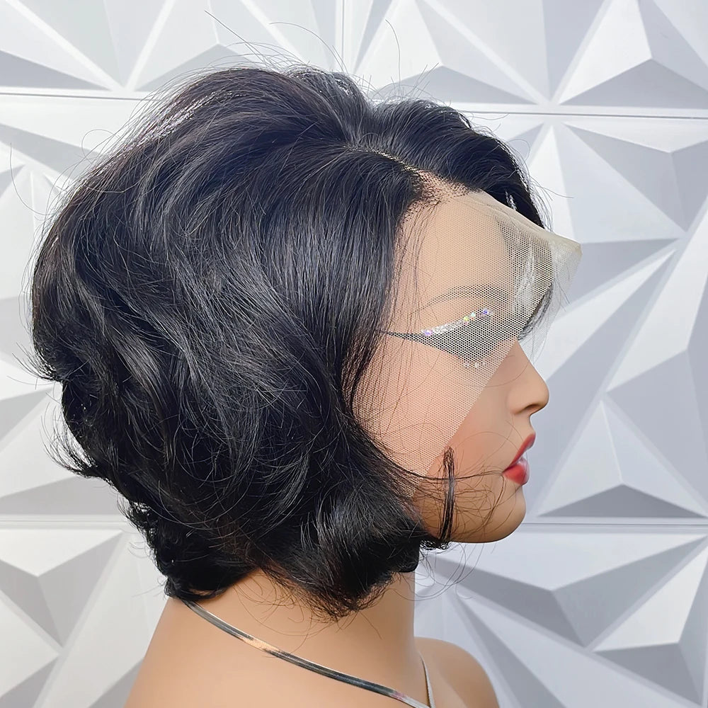 Short Pixie Cut Wavy Bob Wig | 13x4 Transparent Swiss Lace Frontal Wig | 100% Brazilian Remy Human Hair Highlighted Pixie Bob Wig with Pre-Plucked Hairline for Women Luxegan